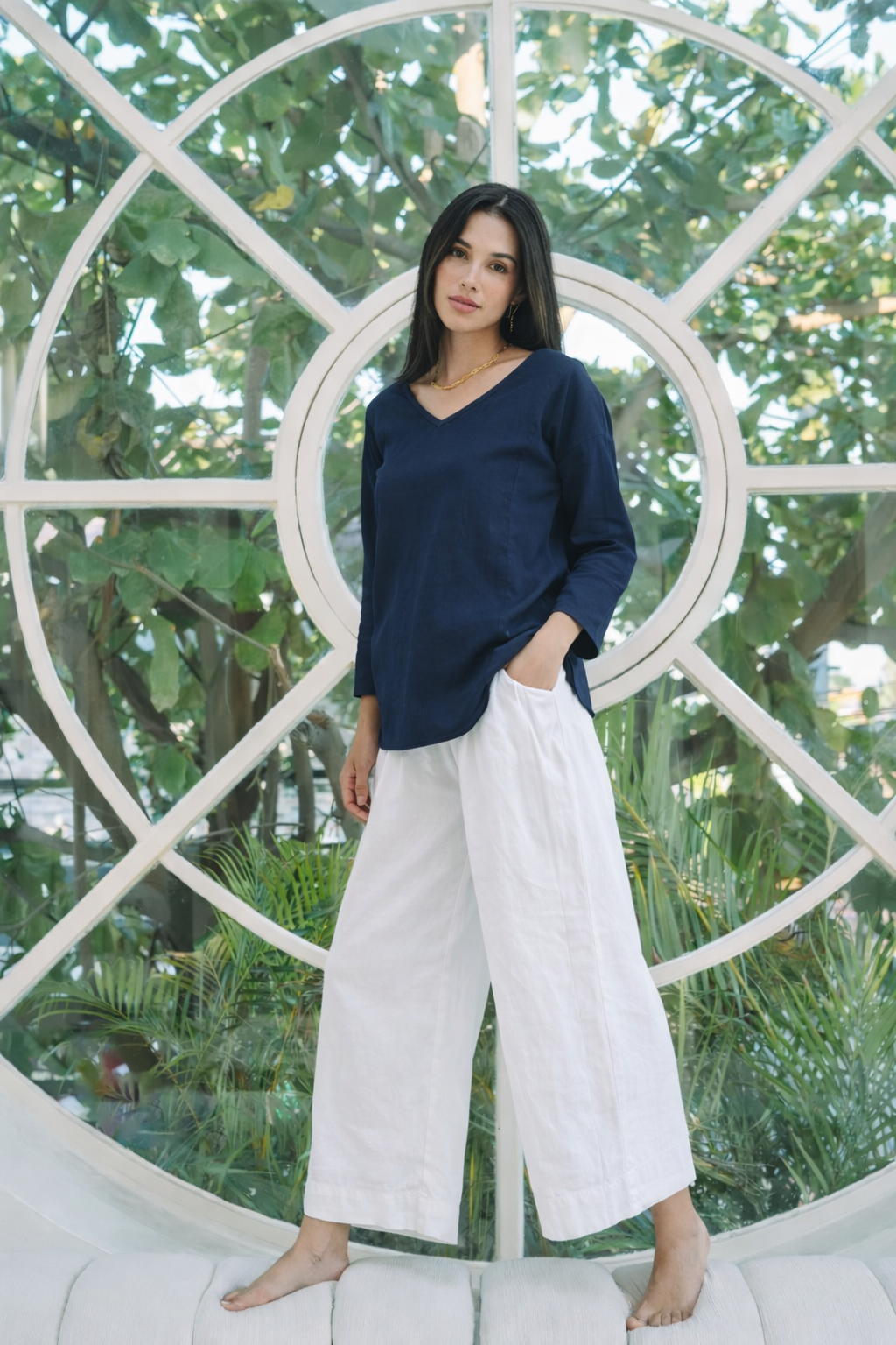 Sardinia Linen Long Sleeve Top | Navy