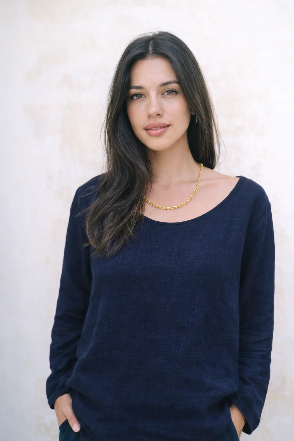Mallorca Linen Long Sleeve Top | Navy