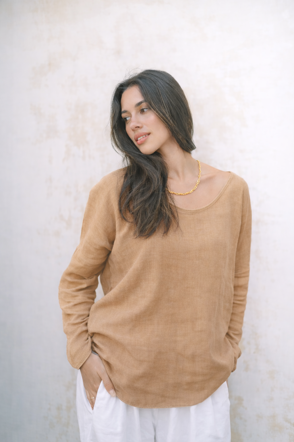 Mallorca Linen Long Sleeve Top | Cinnamon