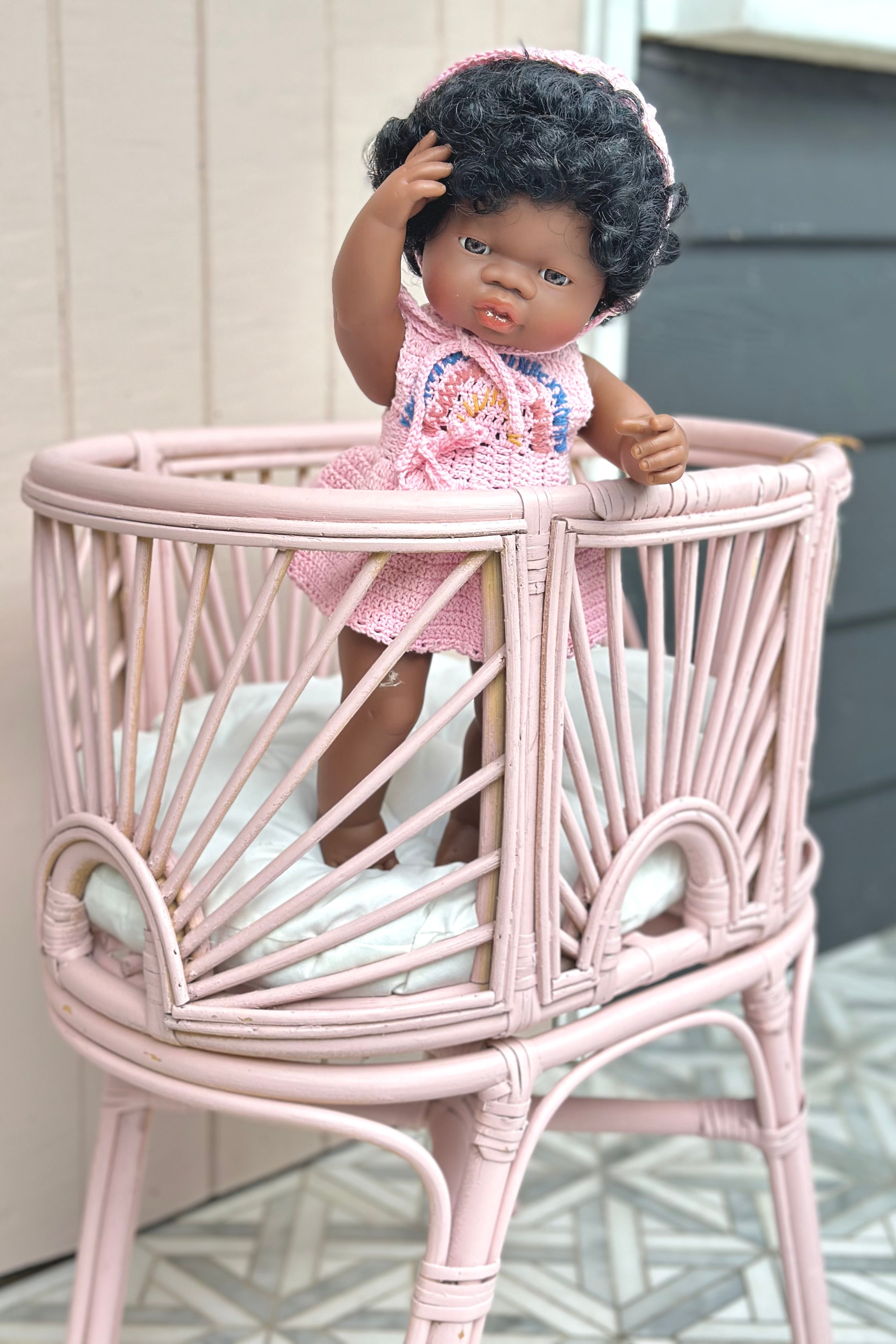 Rattan Rainbow Doll Bassinet | Pink
