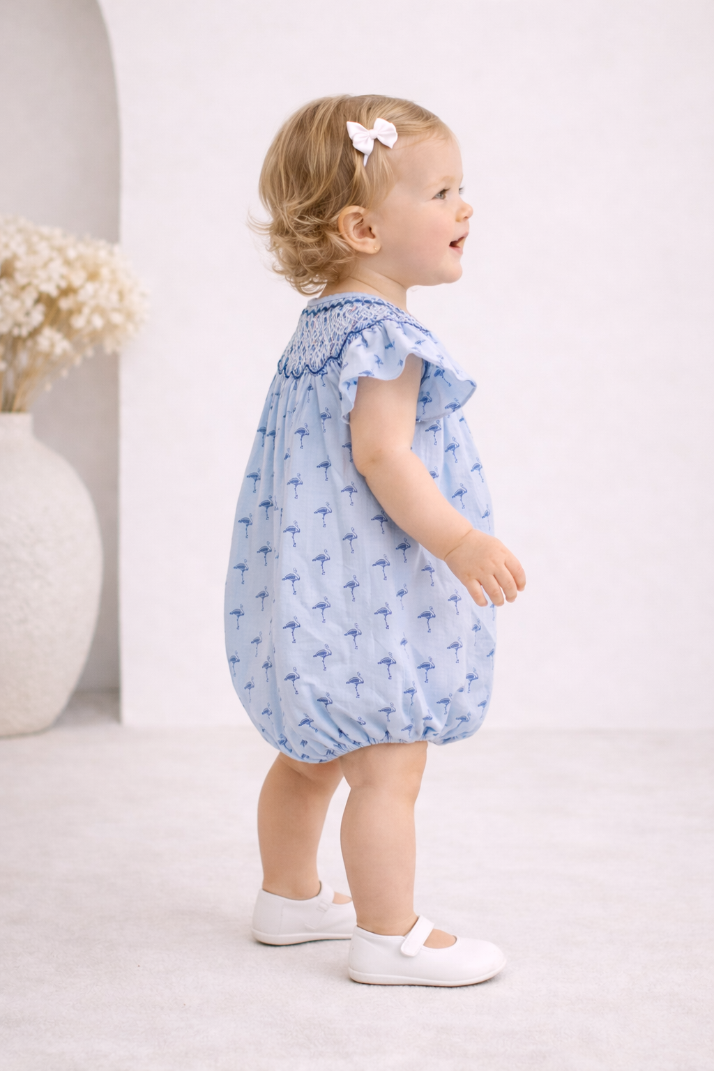 Handmade Smocked Baby Romper | Flamingo