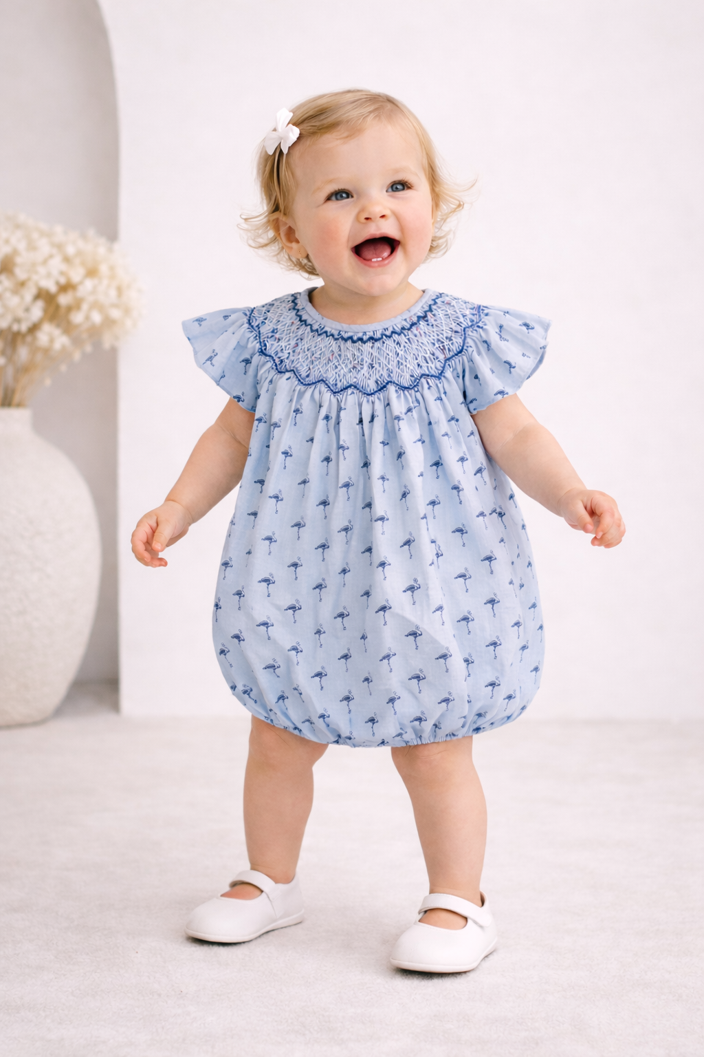 Handmade Smocked Baby Romper | Flamingo