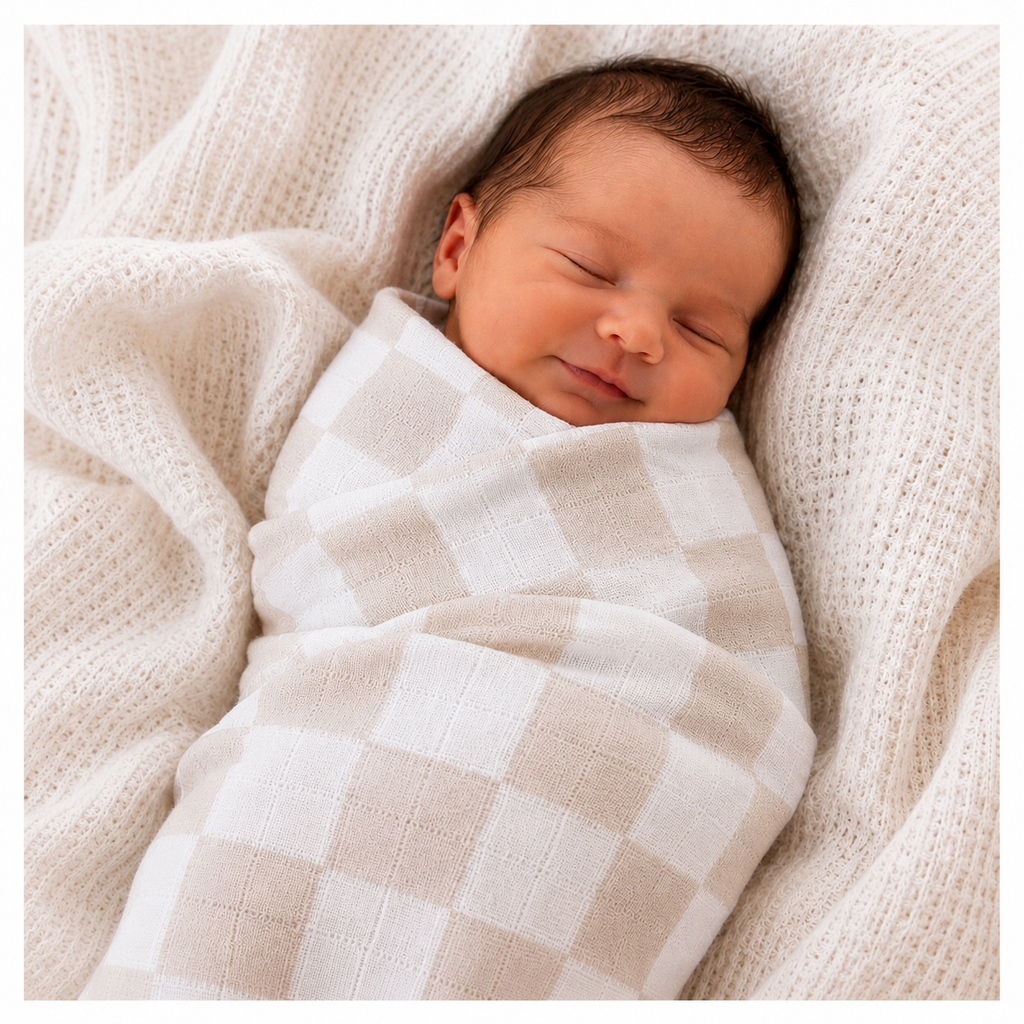 Organic Bamboo / Cotton Baby Wrap | Checkered | Almond