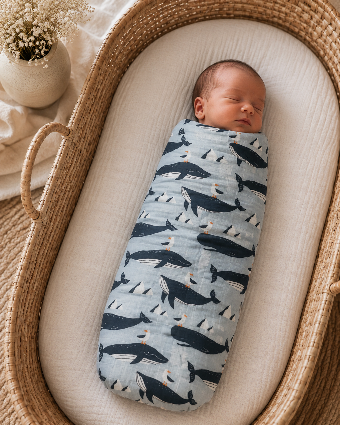Organic Bamboo / Cotton Baby Wrap | Whales