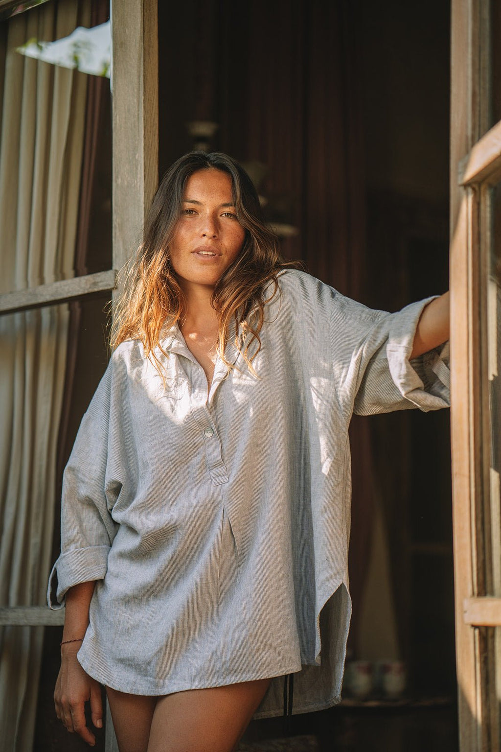 Amara Weekender Linen Shirt | Amalfi Pinstripe - MY ISLAND COLLECTIVE