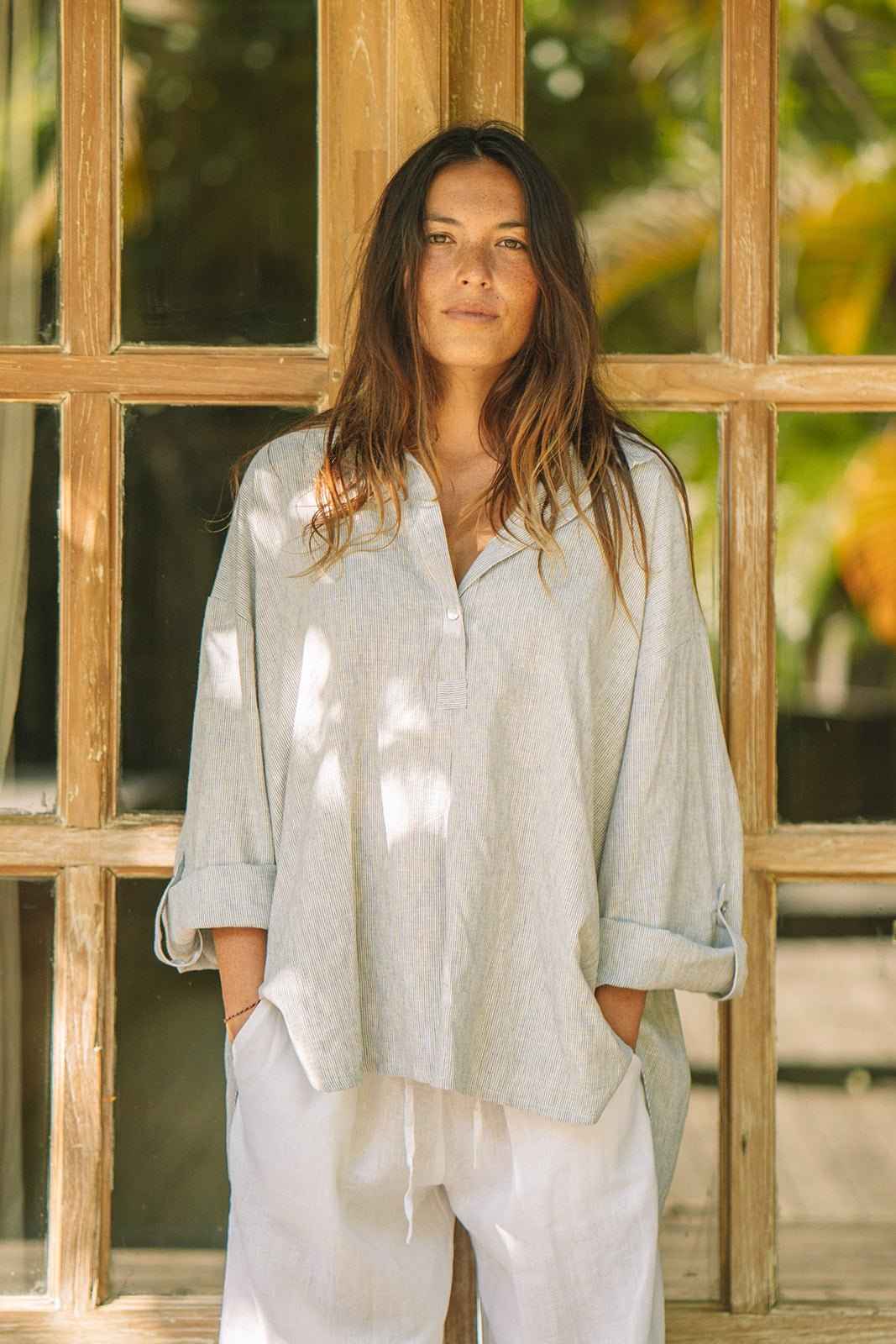 Amara Weekender Linen Shirt | Amalfi Pinstripe - MY ISLAND COLLECTIVE
