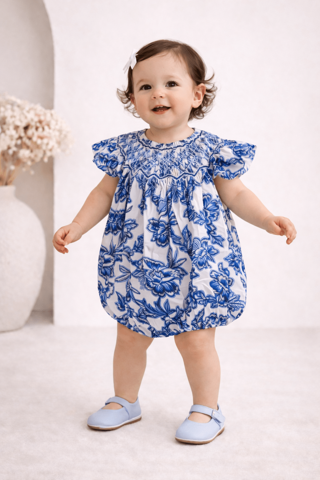 Handmade Smocked Baby Romper | Blue Floral - MY ISLAND COLLECTIVE