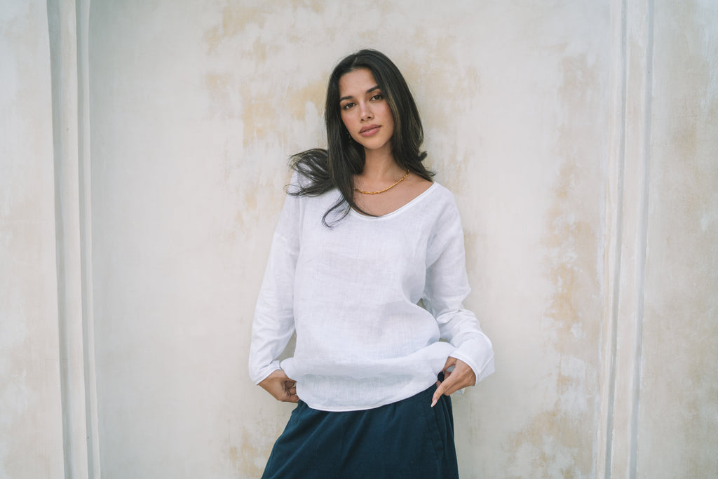 Mallorca Linen Long Sleeve Top | White - MY ISLAND COLLECTIVE