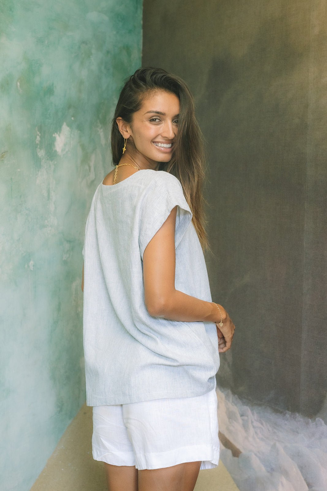 Milano Classic Linen Top | Amalfi Pinstripe - MY ISLAND COLLECTIVE