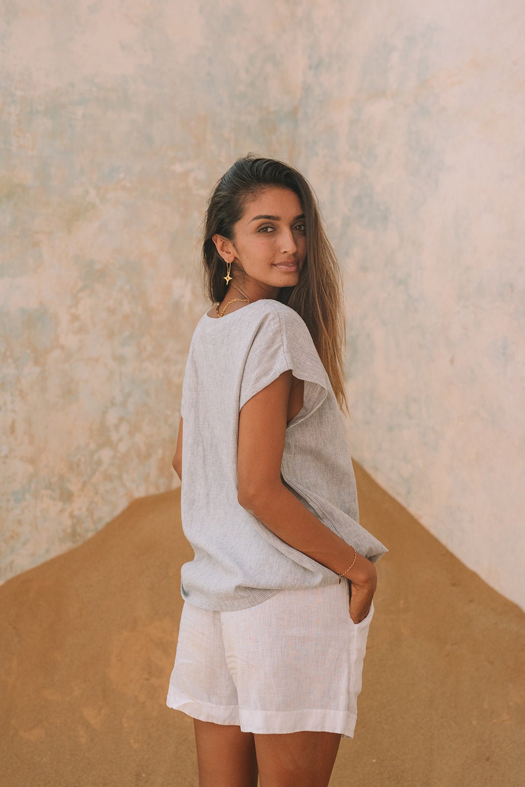 Milano Classic Linen Top | Amalfi Pinstripe - MY ISLAND COLLECTIVE