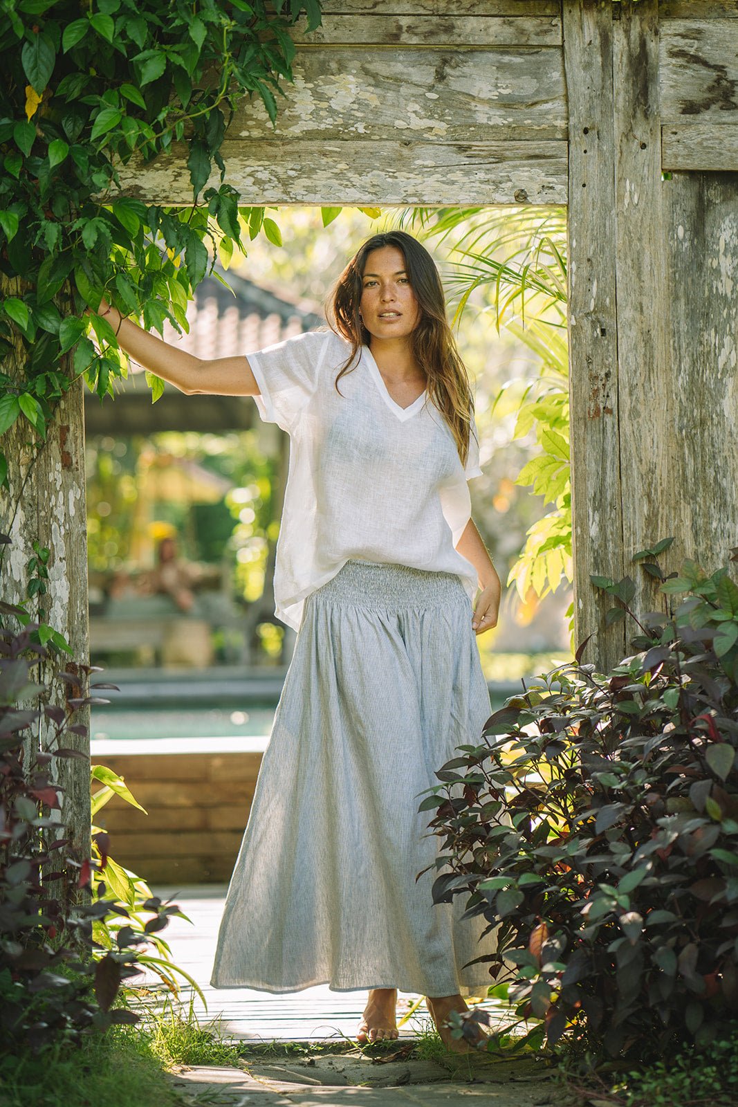 Milano Linen Skirt | Midi | Grey Pinstripe - MY ISLAND COLLECTIVE
