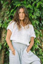 Milano Linen Skirt | Midi | Grey Pinstripe - MY ISLAND COLLECTIVE