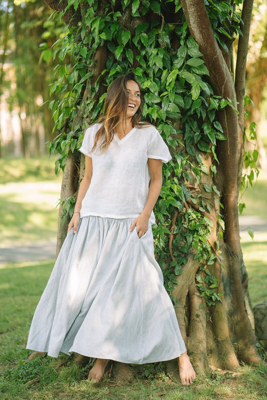 Milano Linen Skirt | Midi | Grey Pinstripe - MY ISLAND COLLECTIVE