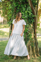 Milano Linen Skirt | Midi | Grey Pinstripe - MY ISLAND COLLECTIVE