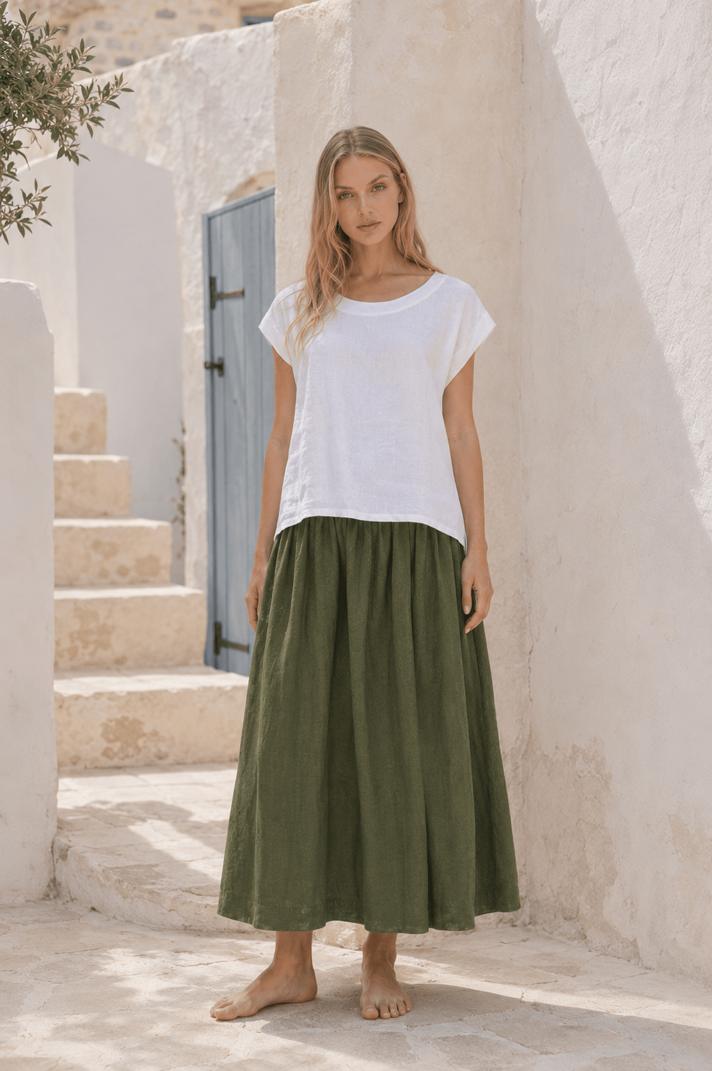 Milano Linen Skirt | Midi | Olive - MY ISLAND COLLECTIVE