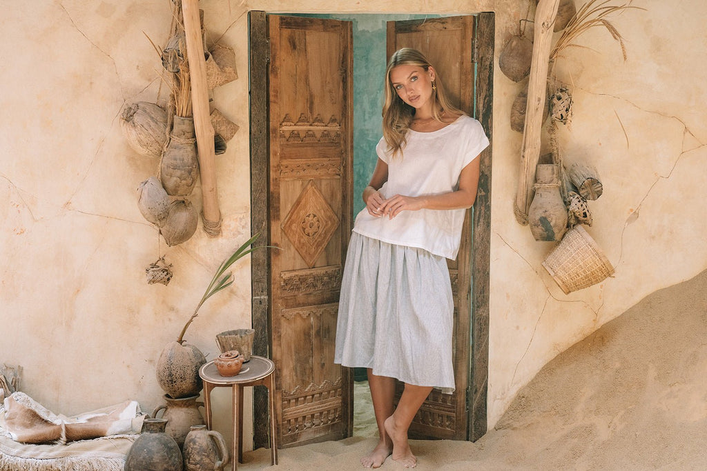 Milano Linen Skirt | Mini | Grey Pinstripe - MY ISLAND COLLECTIVE