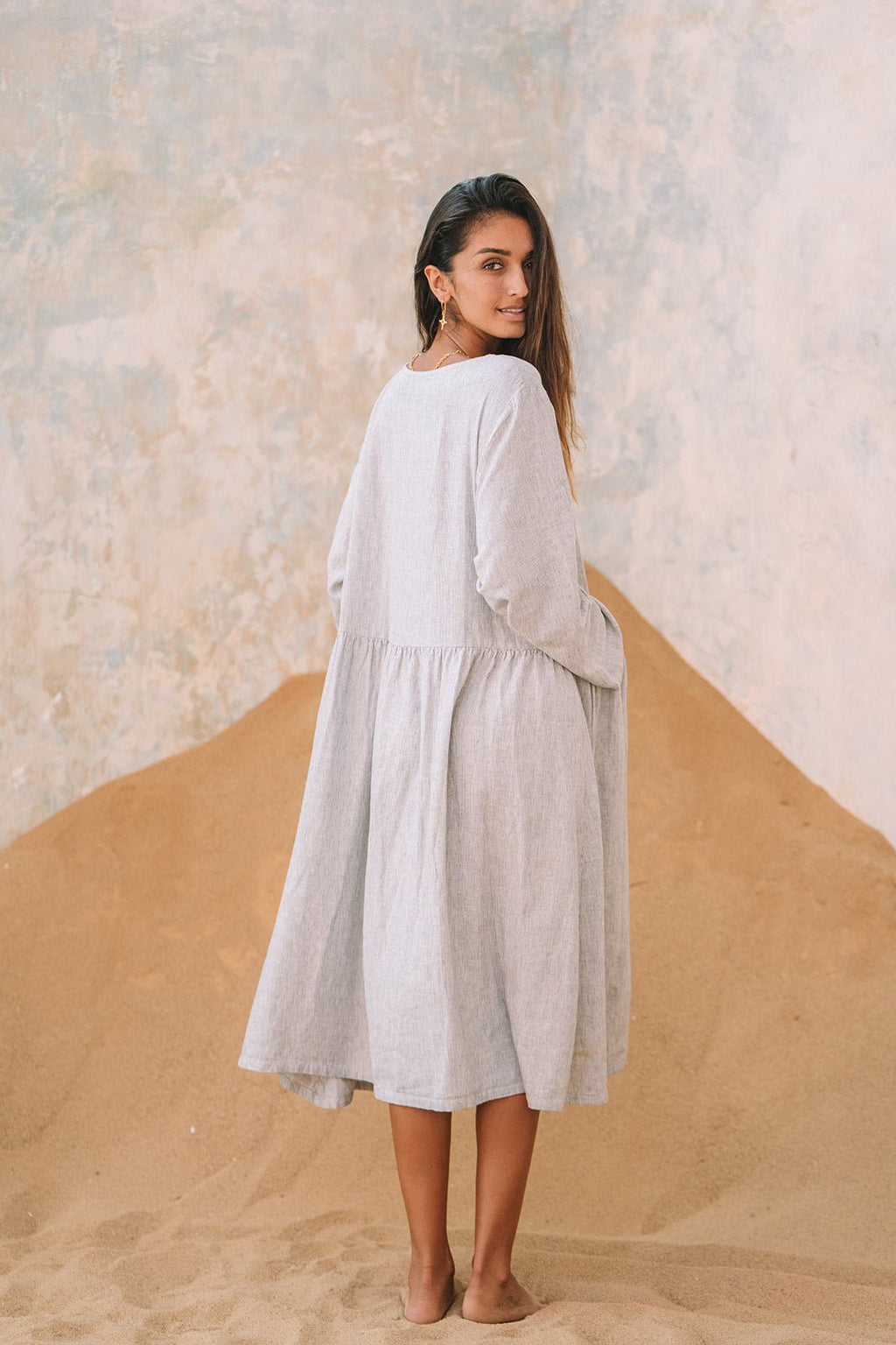 Portofino Linen Dress | Grey Pinstripe - MY ISLAND COLLECTIVE