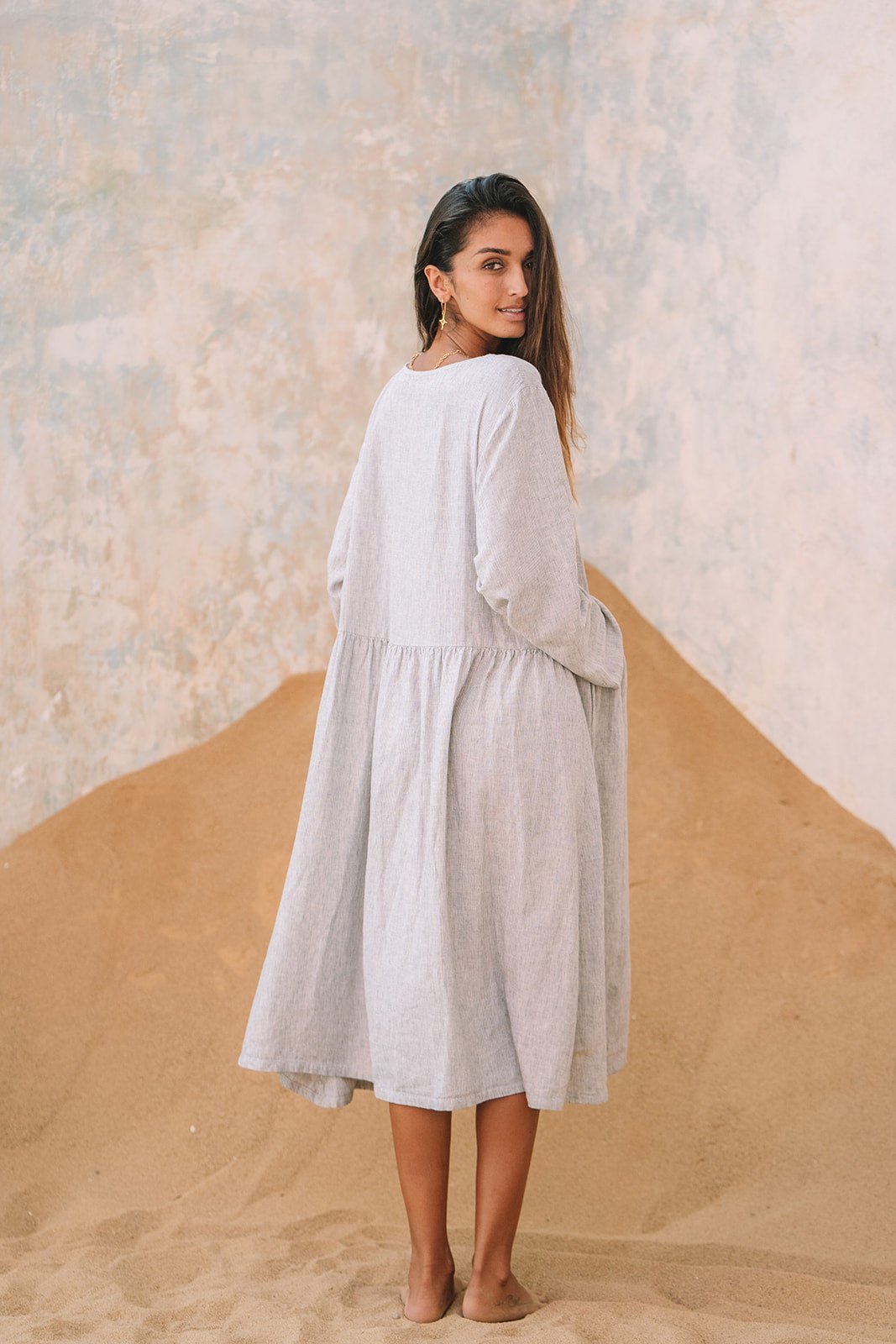 Portofino Linen Dress | Grey Pinstripe - MY ISLAND COLLECTIVE