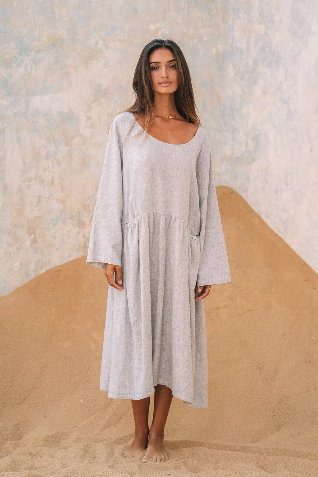 Portofino Linen Dress | Grey Pinstripe - MY ISLAND COLLECTIVE