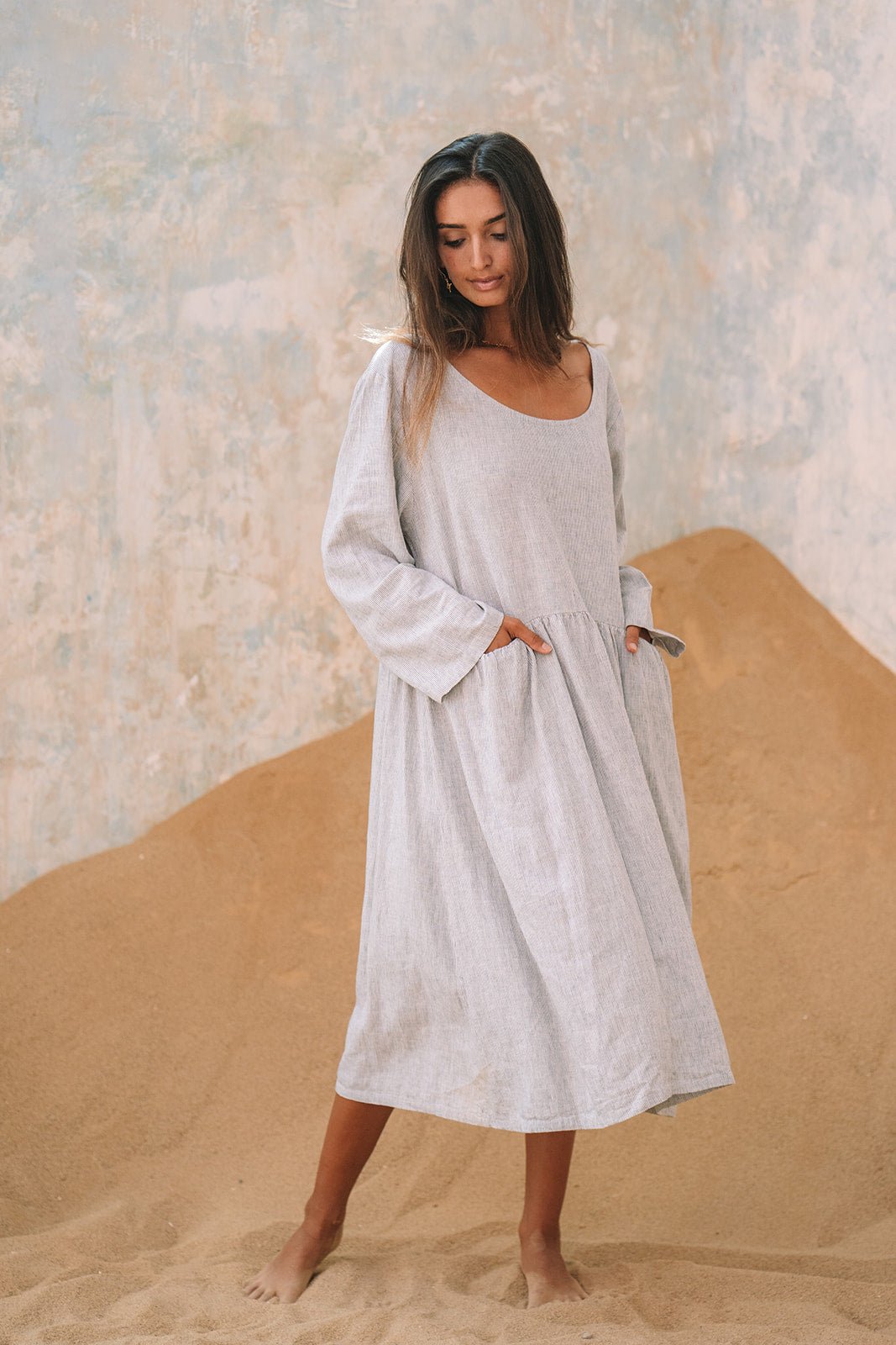Portofino Linen Dress | Grey Pinstripe - MY ISLAND COLLECTIVE