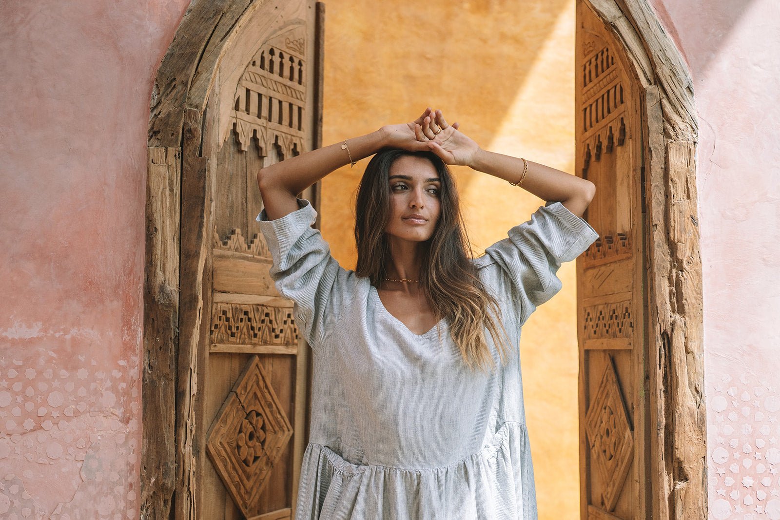 Portofino Linen Dress | Grey Pinstripe - MY ISLAND COLLECTIVE