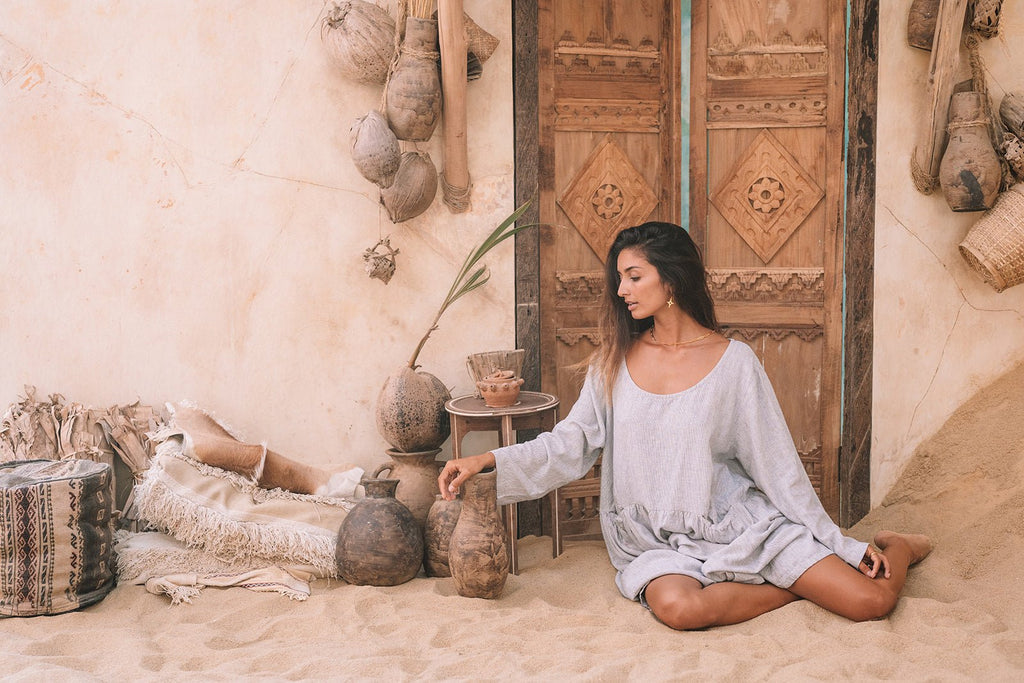 Portofino Linen Dress | Grey Pinstripe - MY ISLAND COLLECTIVE