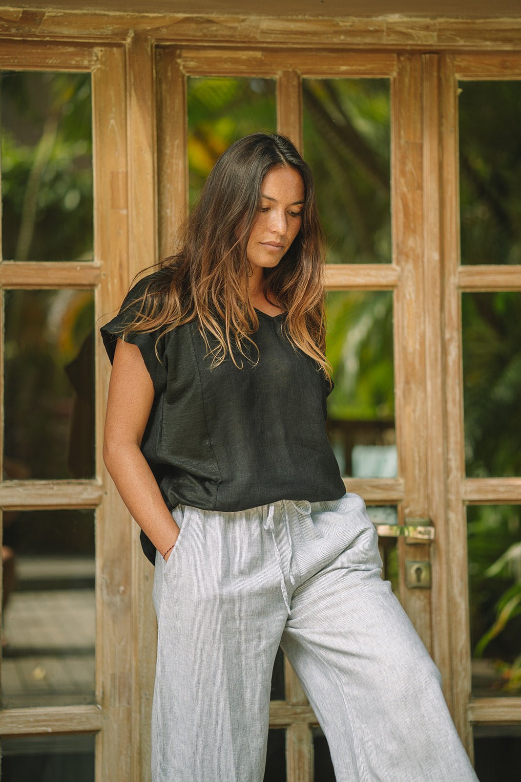 Sardinia Lounge Pant | Linen | Grey PInstripe - MY ISLAND COLLECTIVE