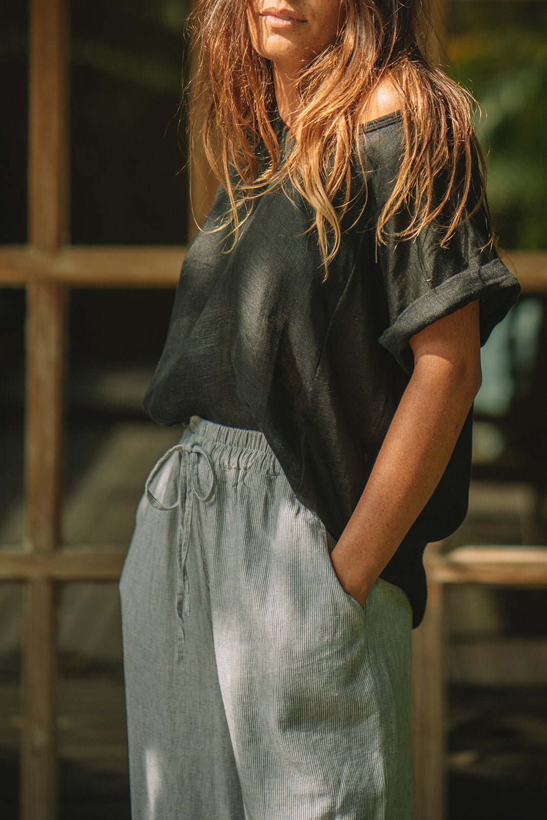 Sardinia Lounge Pant | Linen | Grey PInstripe - MY ISLAND COLLECTIVE