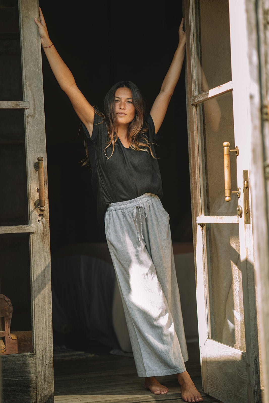 Sardinia Lounge Pant | Linen | Grey PInstripe - MY ISLAND COLLECTIVE