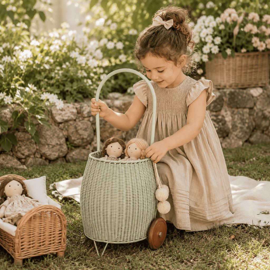 Wheeled Rattan Kids Basket Medium | Green - MY ISLAND COLLECTIVE