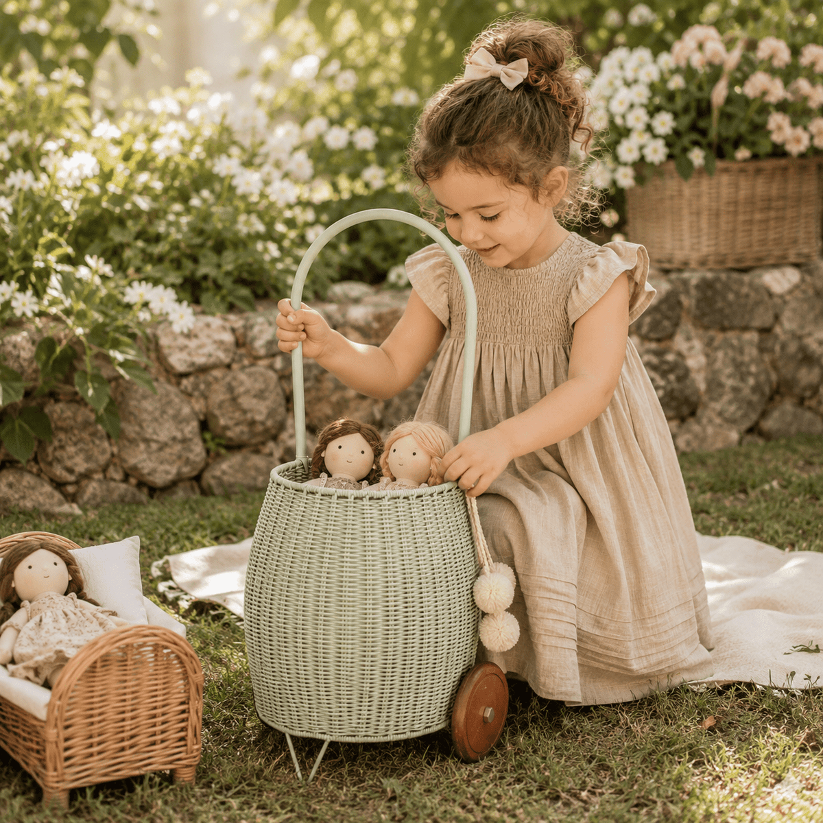 Wheeled Rattan Kids Basket Medium | Green - MY ISLAND COLLECTIVE
