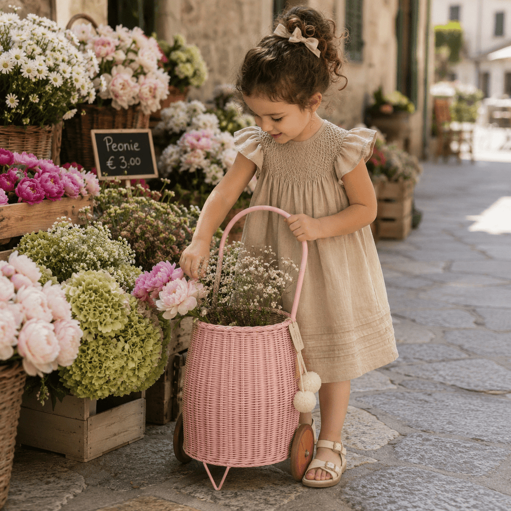 Wheeled Rattan Kids Basket Medium | Pink - MY ISLAND COLLECTIVE