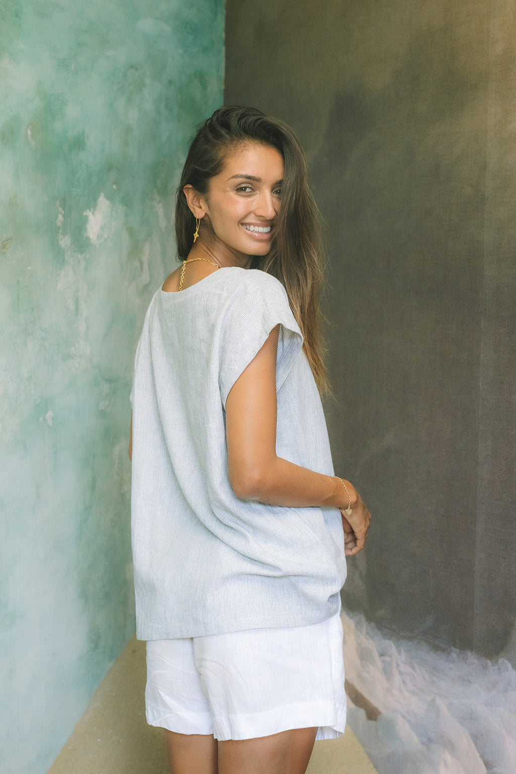 Milano Classic Linen Top | Amalfi Pinstripe