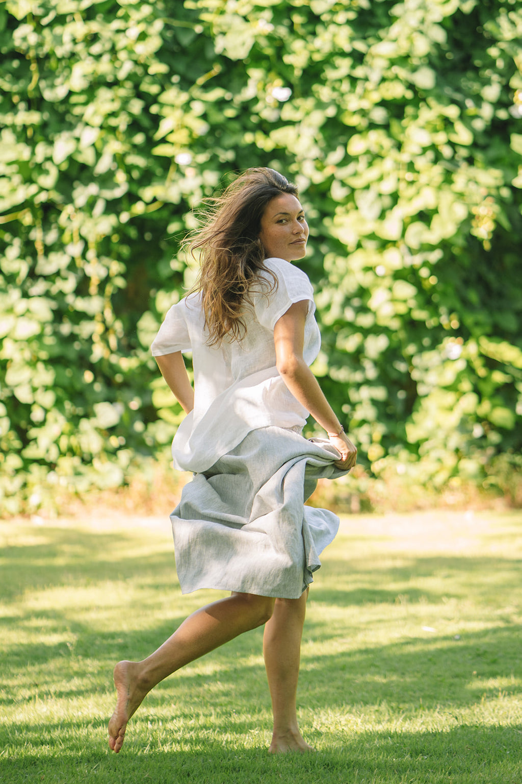 Milano Linen Skirt | Midi | Grey Pinstripe