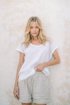 Valencia Weekender Linen Top / T-shirt - Round Neck - White