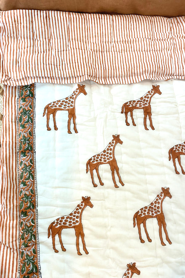 Giraffe Kantha Cot Quilt + Floor Mat | Rust + Olive