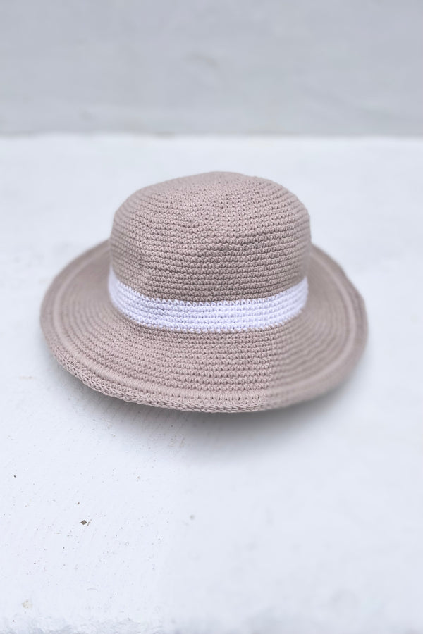 Sardinia Cotton Crochet Sun Hat - Porcini / White