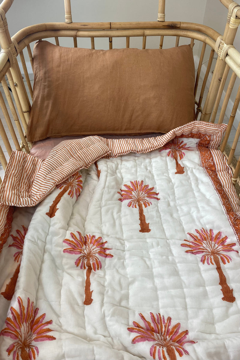 Tahiti Palm Kantha Blanket + Floor Mat | Rust + Pink