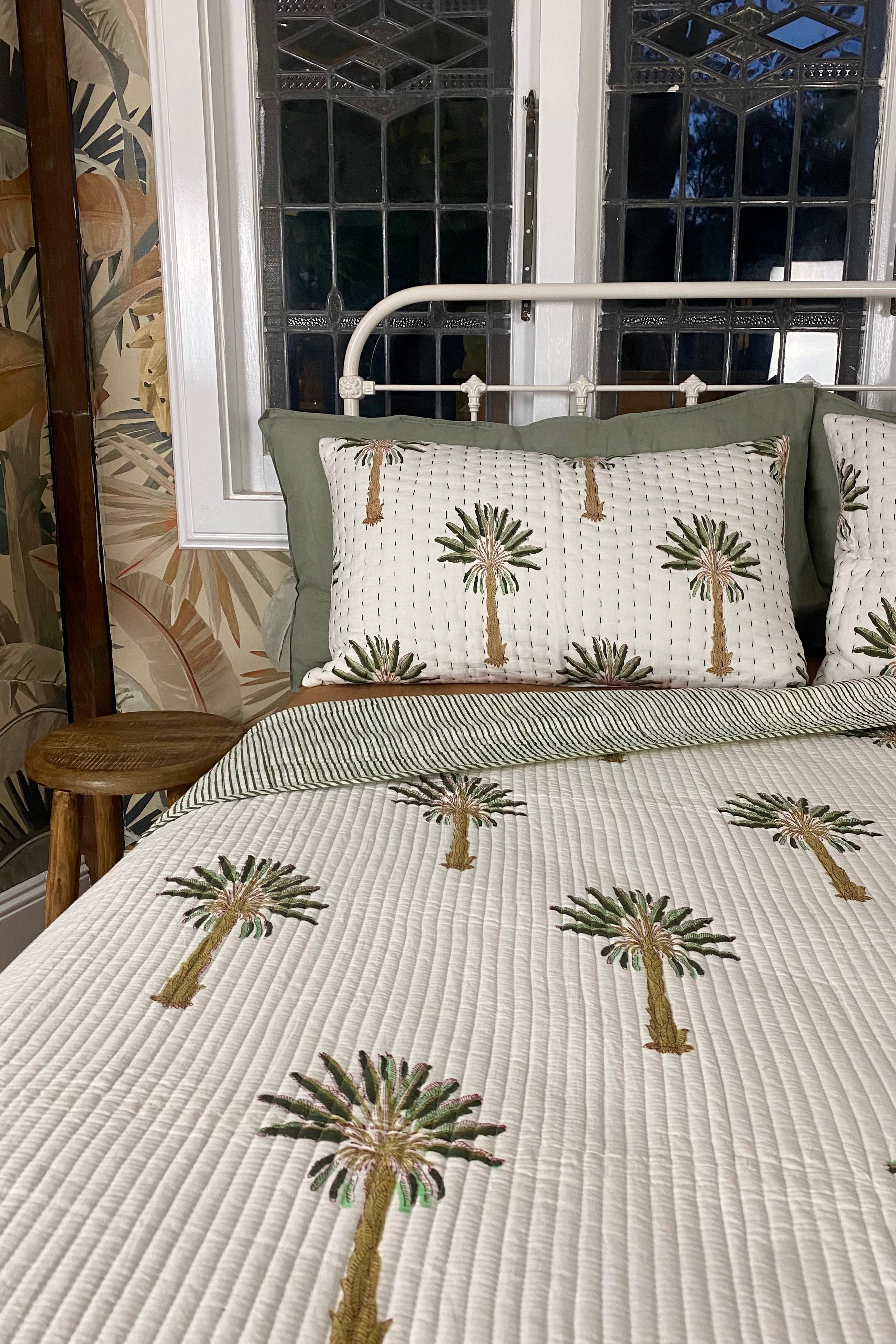 The Islander Palm Kantha Quilt | Green